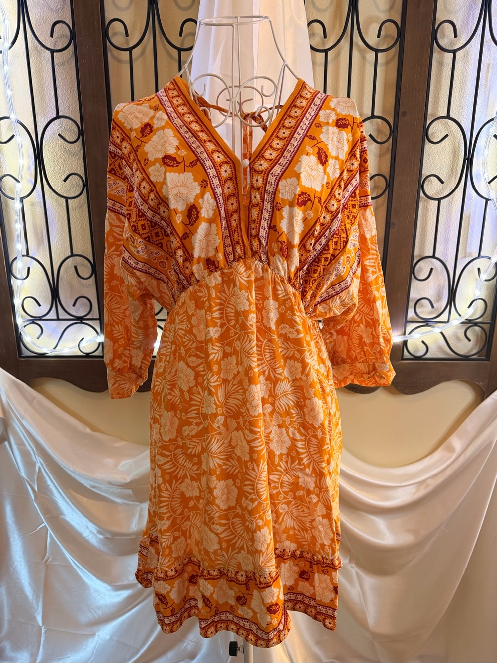 Midi Boho Floral V-Neck Dress in Orange
